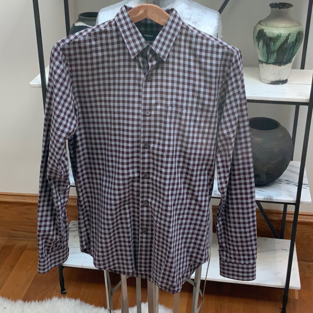 Theory Maroon and Gray plaid 100% cotton shirt